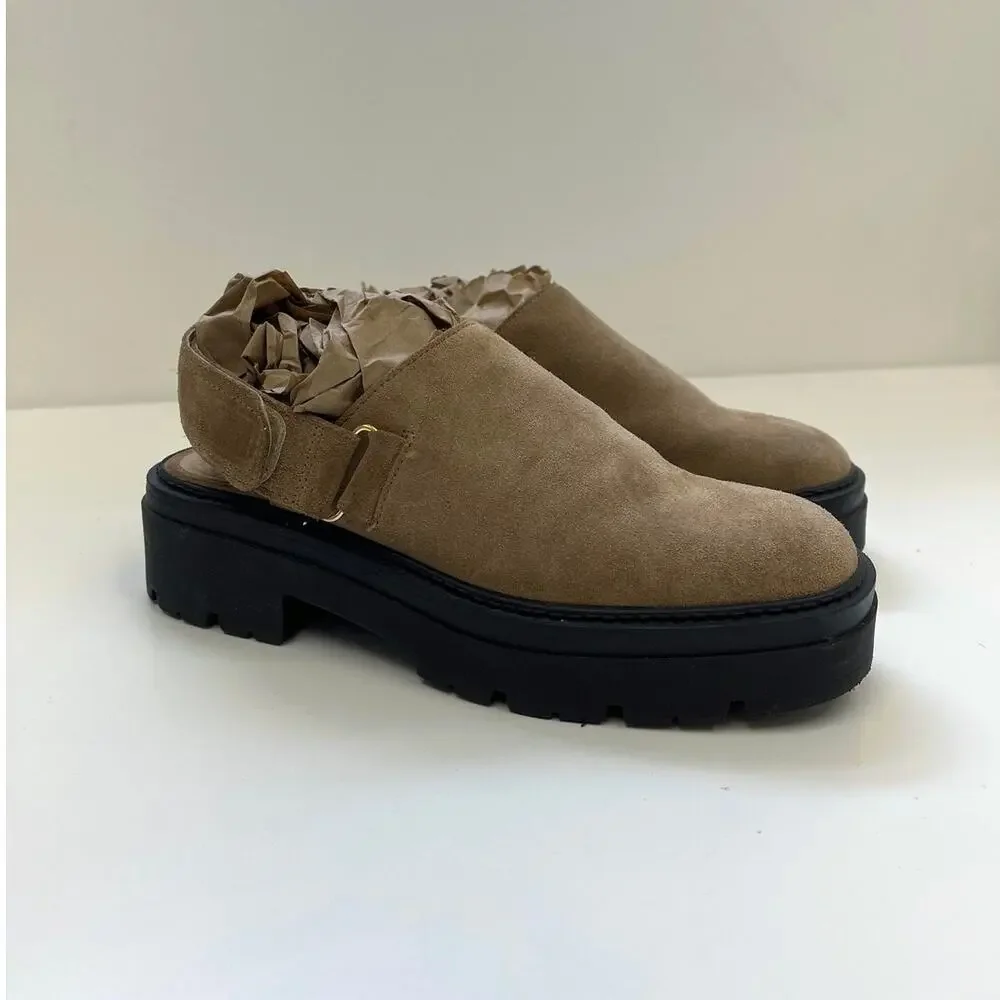 Free People Milo Menswear Slingback Chunky Lug Sole Suede Mules Taupe - 37/US7